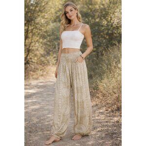 Lotus and Luna Women's Harem Boho Print Pants Rayon Small OSFM Smocked Waist